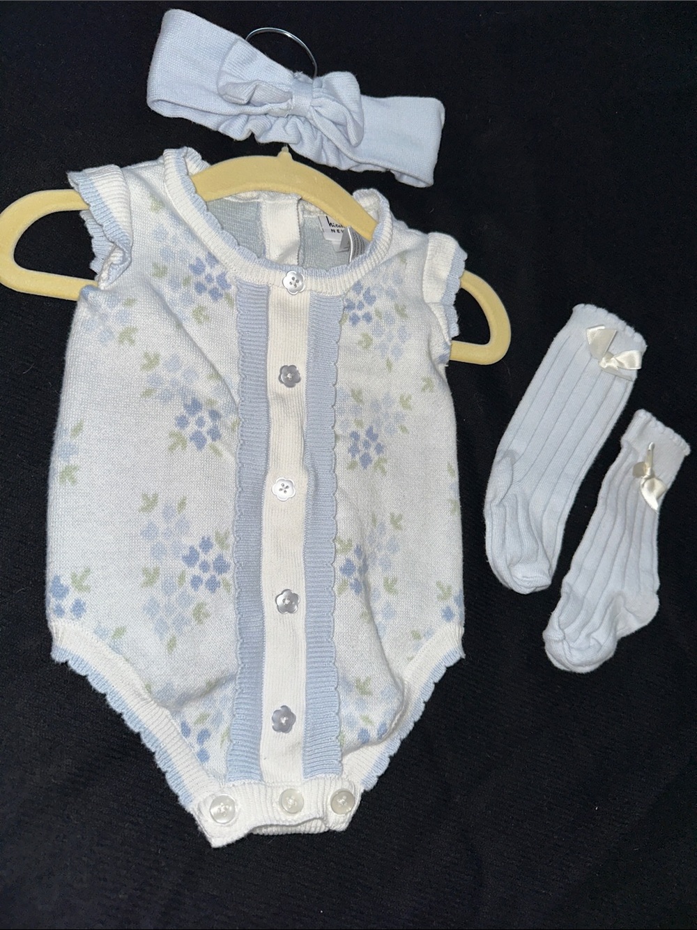 Nicole Miller Light Blue Floral Knit One-Piece with Headband and Socks 3-6m